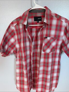 Hurley Red and White Plaid Short-Sleeve Button-Down Shirt